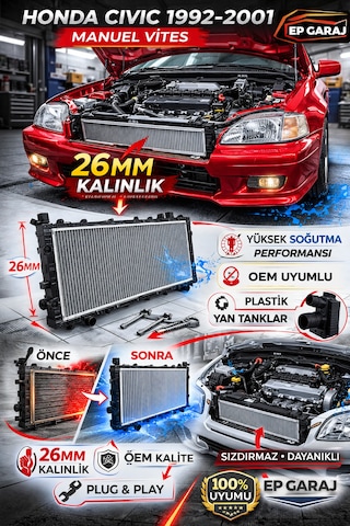 Honda Civic 1992-2001 Model Uyumlu 26 Mm Kalınlığında Manuel Vites Su Radyatörü