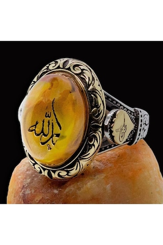 Vog Elhamdülillah Yazılı Tuğralı Sıkma Kehribar Taşlı 925 Ayar Gümüş Erkek Yüzük