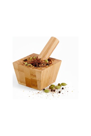 Bambu Havan Ve Tokmak Seti, Mutfak Havanı, Baharat Ve Sarımsak Öğütücü Ve Döveceği Kare