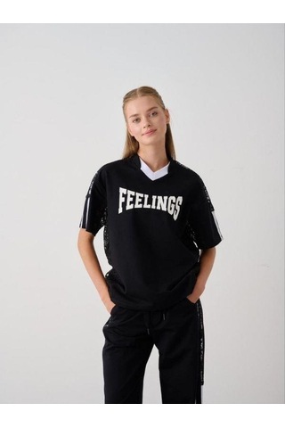 Zekids Kız Çocuk Feelings Baskılı Tshirt Pantolon Tasarım Takım-15516 Siyah