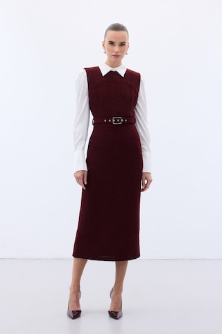 Kemerli Tüvit Elbise - Bordo-136578 Bordo