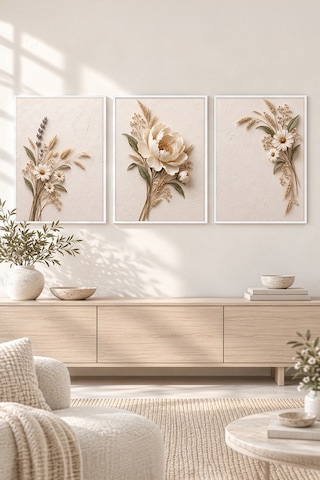 Beyaz Çerçeveli Ivory Meadow Peony 3 Lü Ahşap Çerçeveli Mdf Tablo Seti Şakayık, Lavanta Ve Papatya Kuru Çiçek Temalı Kabartma Görünümlü Renk: Beyaz