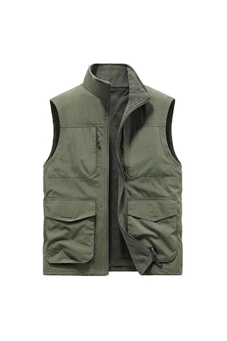 Snapbuy Kışlık Çift Taraflı, Çok Cepli, Bol Kesimli, Kalın Peluşlu Erkek Yeleği Asker Yeşili