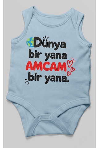 Morivokids Dünya Bir Yana, Amcam Bir Yana Sıfır Kollu Bebek Zıbını %100 Pamuk Bebe Mavisi