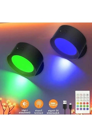Trendooze 2 Adet Gaojunshop01 Led Duvar Lambası Uzaktan Dokunmatik Kumanda 12 Renk 360 Derece Döner Usb Şarj Renkli Işık