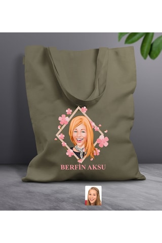Bk Gift Kişiye Özel Anneler Günü Karikatürlü Haki Kumaş Bez Çanta, Baskılı Omuz Çantası, Alışveriş Çantası, Anneye Hediye-4 Haki