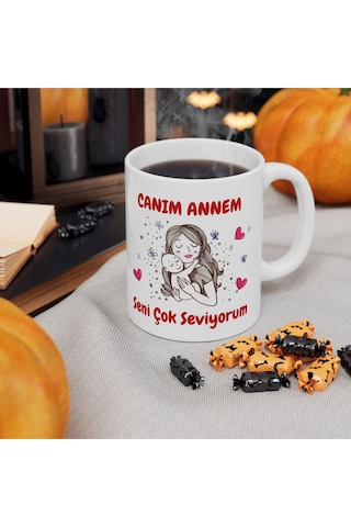 Canım Annem Seni Çok Seviyorum Anneler Günü - Doğum Günü Hediyesi - Hediye Porselen Kupa Bardak Beyaz