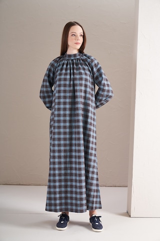 Boynu Büzgülü Elbise Küçük Kareli Kahve Lacivert Kahverengi - Lacivert