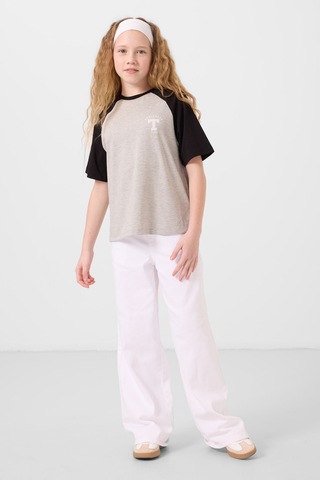 Gri Melanj O Yaka Pamuklu Baskılı Oversize Fit Kız Çocuk T-shirt - 75179 Gri Melanj