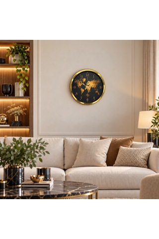 Imperial Atlas Gold Dünya Haritalı 40 X 40 Cm Metal Duvar Saati