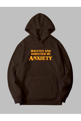 Harmandar Üç İplik Baskılı Unisex Kahverengi Kanguru Cepli Kapüşonlu Sweatshirt Hoodie Anksiyetekahverengisweat