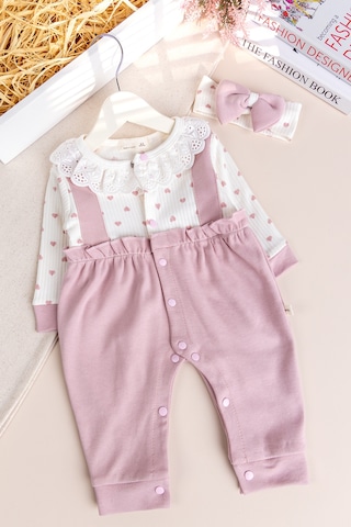 Babymod Kalp Desenli Fisto Yakalı Bandanalı Kız Bebek Tulum Set Gülkurusu
