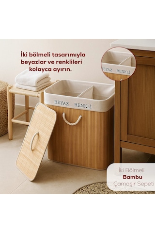 Porsima Pbt-440 Çift Bölmeli Kapaklı Kirli Çamaşır Sepeti Dikdörtgen - İki Bölmeli Bambu Kirli Çamaşır Sepeti Bambu