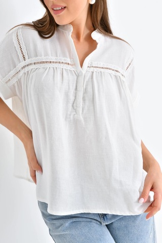 Dantel Detay Kısa Dokuma Bluz KEMİK