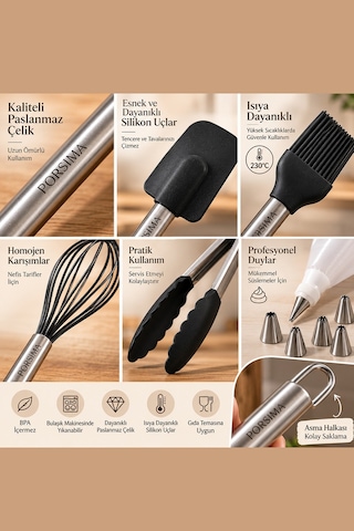 Porsima 3162 10 Parça Pasta Ve Tatlı Servis Seti Kek Pasta Şekillendirme Araçları Siyah Siyah