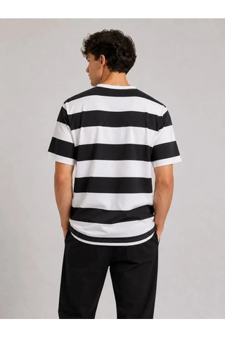 Tarz Yeri Erkek Çizgili Oversize Tişört Bisiklet Yaka Kısa Kol Yazlık T-shirt - Siyah