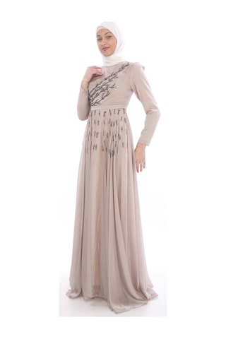 Taş İşleme Detaylı Tesettür Abiye Elbise 741-bej Bej