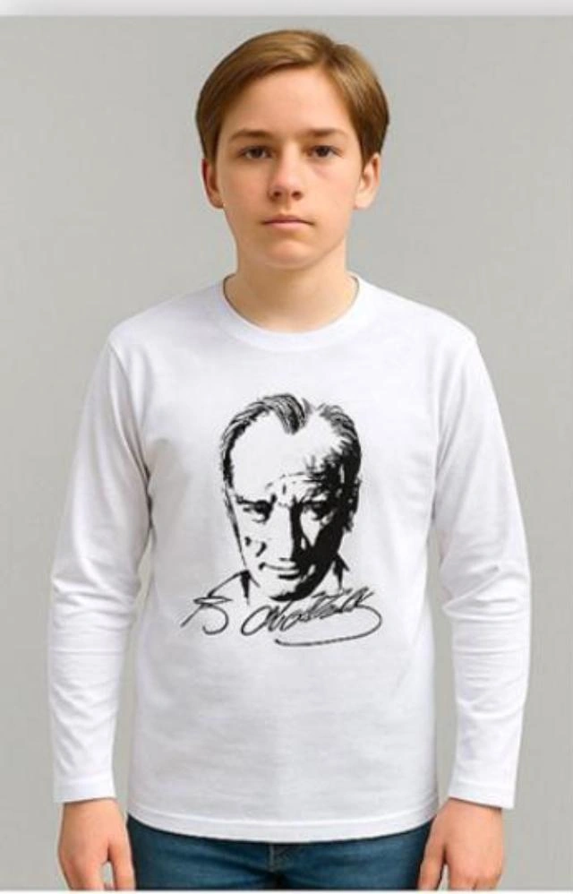 Gala Atatürk Baskılı Uzunkol Ünisex Çocuk Tişört Beyaz
