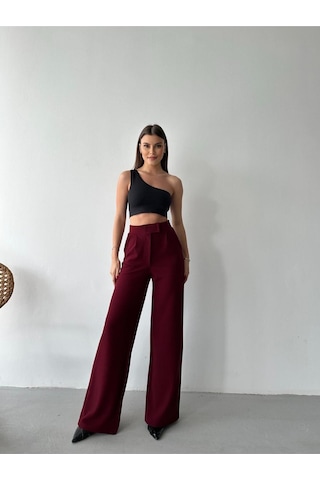 Zeynep Rana Kadin Likrali Cirt Kapama Palazzo Pantolon Bol Paça Yüksek Bel Pantolon Bordo