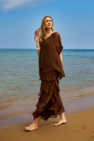 İtalyan 2 Beden Ince Gösteren Yarım Kol Kat Kat Ipek Elbise-8794 Kahverengi