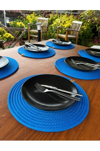 6 Lı Yuvarlak Supla Takımı Kolay Temizlenebilir, Modern Sofralar İçin Koyu Mavi