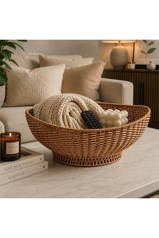 Tr Rattan Oval Organizer Sepet Dekoratif Hasır Saklama Sepeti Çok Amaçlı Düzenleyici Meyve, Ekmek Ve Banyo Or Diğer