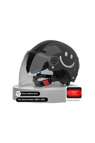 Yy SQ668 Kulak Muhafızları Çift Ayna Kuyruk Işık Açık Motosiklet Kaskı Siyah