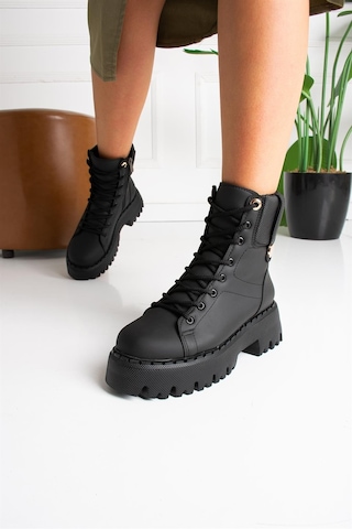 Shoetek Faustina Kadın Bot Bağçıklı Siyah Mat Deri Siyah