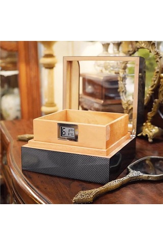 Cigarloong Camlı Puro Kutusu Humidor Karbon Desen 60's