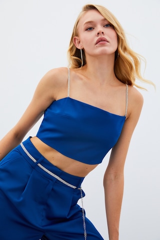 Sateen Taş Askılı Saten Crop Bluz - Mavi-134981 Mavi