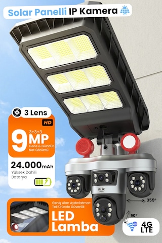 Blic Blm-102 4g Lte Wifi 13w Solar 3 Lens 9mp Dış Mekan Ip Kamera Güneş Panelli Kablosuz Güvenlik