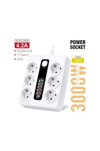 Hp-h04 3000w 10amper 6 Lı 2metre Uzatma Kablolu Çoklu Termal Akım Priz Standart