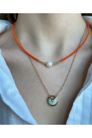 Pinery Jewels Su Incili Orange Gold Detay Kum Boncuklu Kolye Altın
