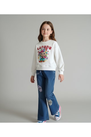 Labubu Kız Çocuk Renkli Baskılı Sweat Ve Kot Pantolon Takım Beyaz