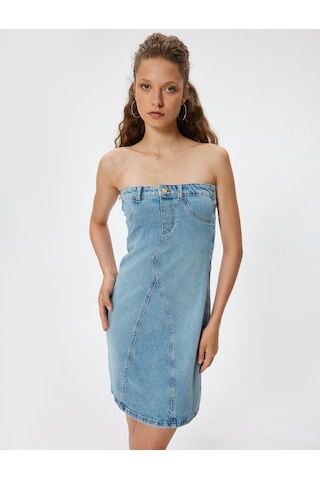 Koton Straplez Kot Elbise Mini Kolsuz A Kesim Düğmeli Dikiş Detaylı Slim Fit Açık İndigo 4sal80006md