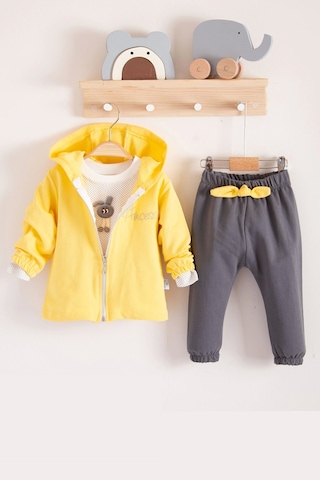 Babydonat Prences Nakışlı Kapişonlu 3'lü % 100 Pamuk Kız Bebek Takımı Sarı