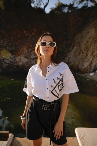 Kadın Kısa Kollu Baskı Detaylı Gömlek Frn6005 Beyaz