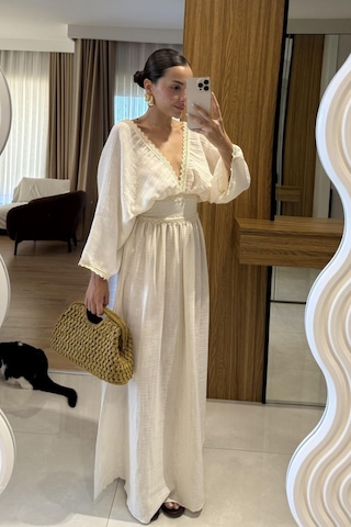 %100 Pamuk Astarsız Çift Yırtmaç Kelebek Kesim Lastik Bel Bohem Tatil Sahil Uzun Elbise Bej