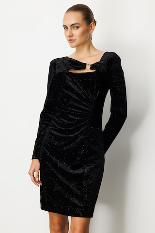 Ekol Kadın Önü Büzgülü Kadife Elbise 4035 Siyah Siyah