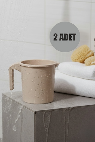 2'li Plastik Saplı Maşrapa 1600 Ml Tuvalet Banyo Plastik Su Kabı Kahverengi Bej - Kahverengi