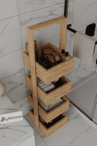Multi Çok Amaçlı Banyo Rafı, Sepetli Çok Amaçlı Raf, 4 Raflı 120 Cm, Atlantik Çam Atlantik Çam