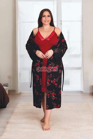 Lady Siyah Renk, Gül Desenli Ve Askılı Kol Büyük Beden 2li Sabahlıklı Anne Gecelik Takım - 19226 Kırmızı - Siyah