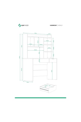 Harmony Raflı, Çekmeceli Çalışma Masası + Keson Beyaz - Cadiz Antrasit