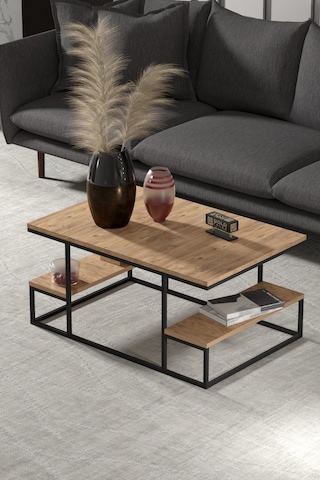 Reyo Falez Deluxe Raflı Orta Sehpa 60x90 Cm Modern Dikdörtgen Orta Sehpa Atlantik Çam