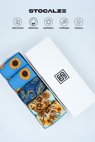 Stocalze Unisex Pamuklu Soket Çorap. Karışık Renkli Vazo Çiçek Ve Gece Desenli Soket Çorap. Sanat Temalı 5'li Soket Çorap Seti Açık Mavi - Lacivert
