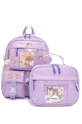 Wia Kawaii Kore Tarzı Ayıcıklı İlkokul Ve Beslenme Çantası Lila