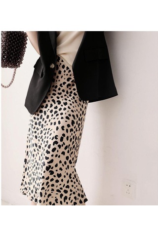 Qooth Kadın Yaz Yüksek Bel Saten Leopar A-line Etek Zarif Vintage Retro Moda Midi Etek Qt1823 Leopar