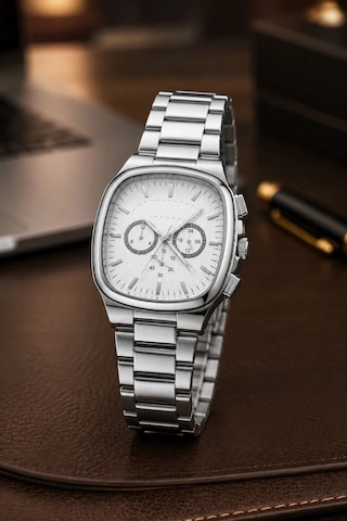 Erkek Gümüş Renk Metal Kordon Analog Kol Saati Çok Fonksiyonlu Beyaz Kadran - Gümüş Çok Renkli