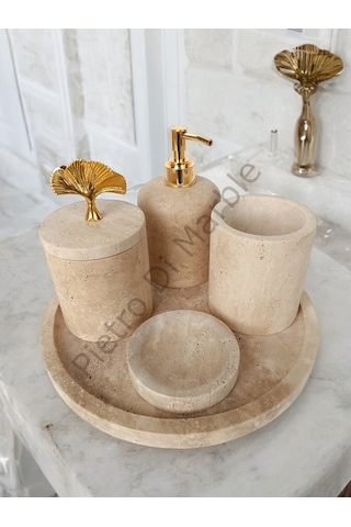 Sarı Traverten Klasik Model 5 Parça Gold Renk Japon Gülü Aksesuarlı Banyo Seti Sarı Traverten