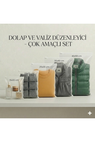 Fermuarlı Yarım Mat Buzlu Şeffaf Tekstil Saklama Torbası Seti, 140 Mikron, Bpa İçermez 5 Farklı Ölçü Her Ölçüden 5'er Adet -toplam 25 Parça